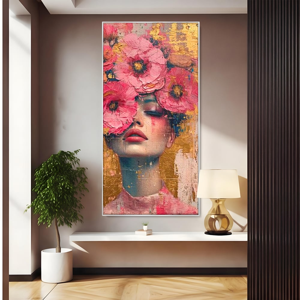 Tablou canvas cu tablou canvas cu portret de femeie si flori roz, in rama de aluminiu argintiu